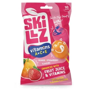 Lizaki z witaminami Skillz Vitamins — opakowanie 100 g, smaki pomarańcza i truskawka