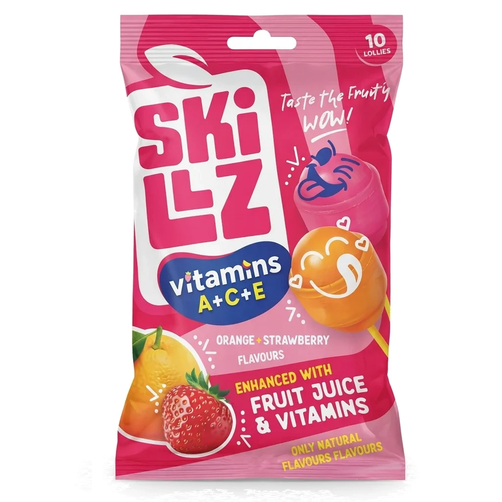 Lizaki z witaminami Skillz Vitamins — opakowanie 100 g, smaki pomarańcza i truskawka