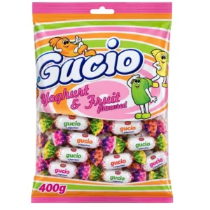 Cukierki mini Gucio jogurtowo-owocowe 400 g — torebka, białe cukierki w kolorowych papierkach