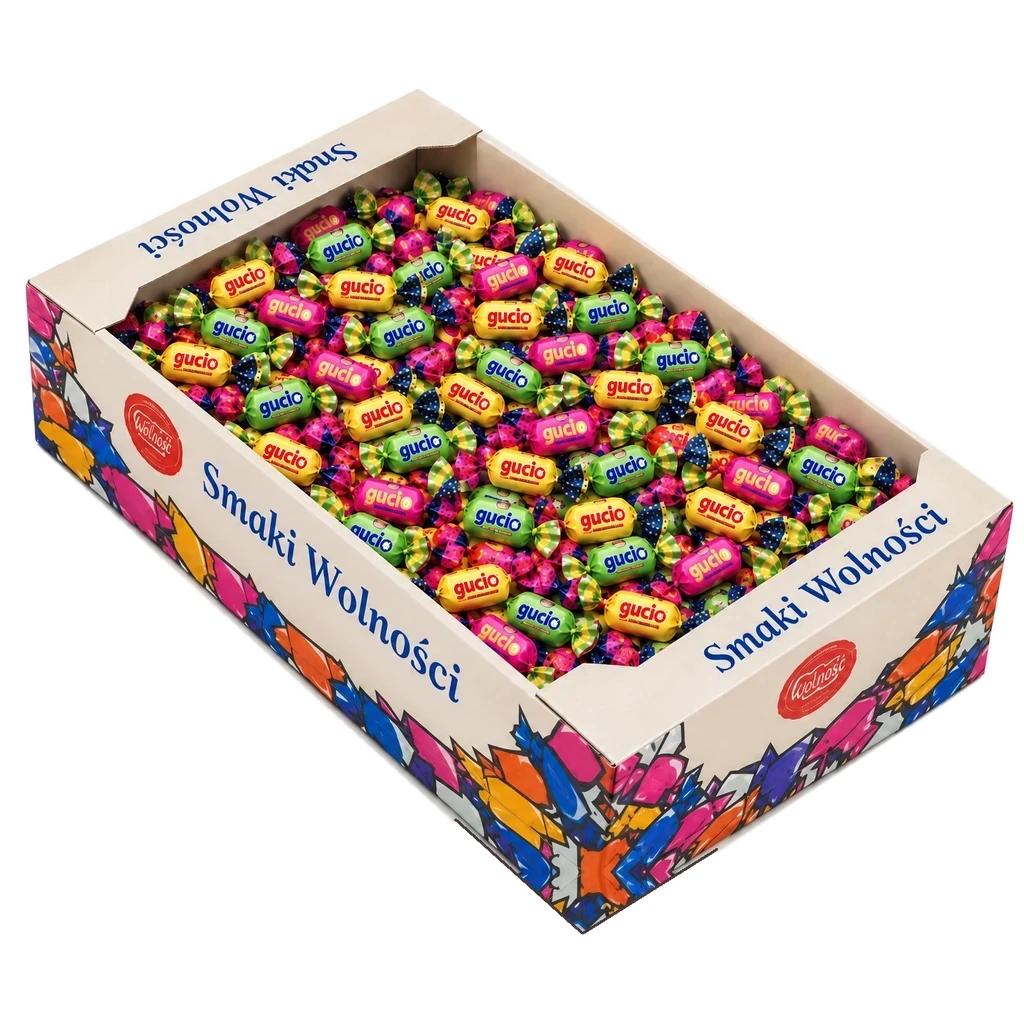 Cukierki owocowe Gucio 2,7 kg – karton Wolność pełen cukierków cytrynowych, jabłkowych i truskawkowych