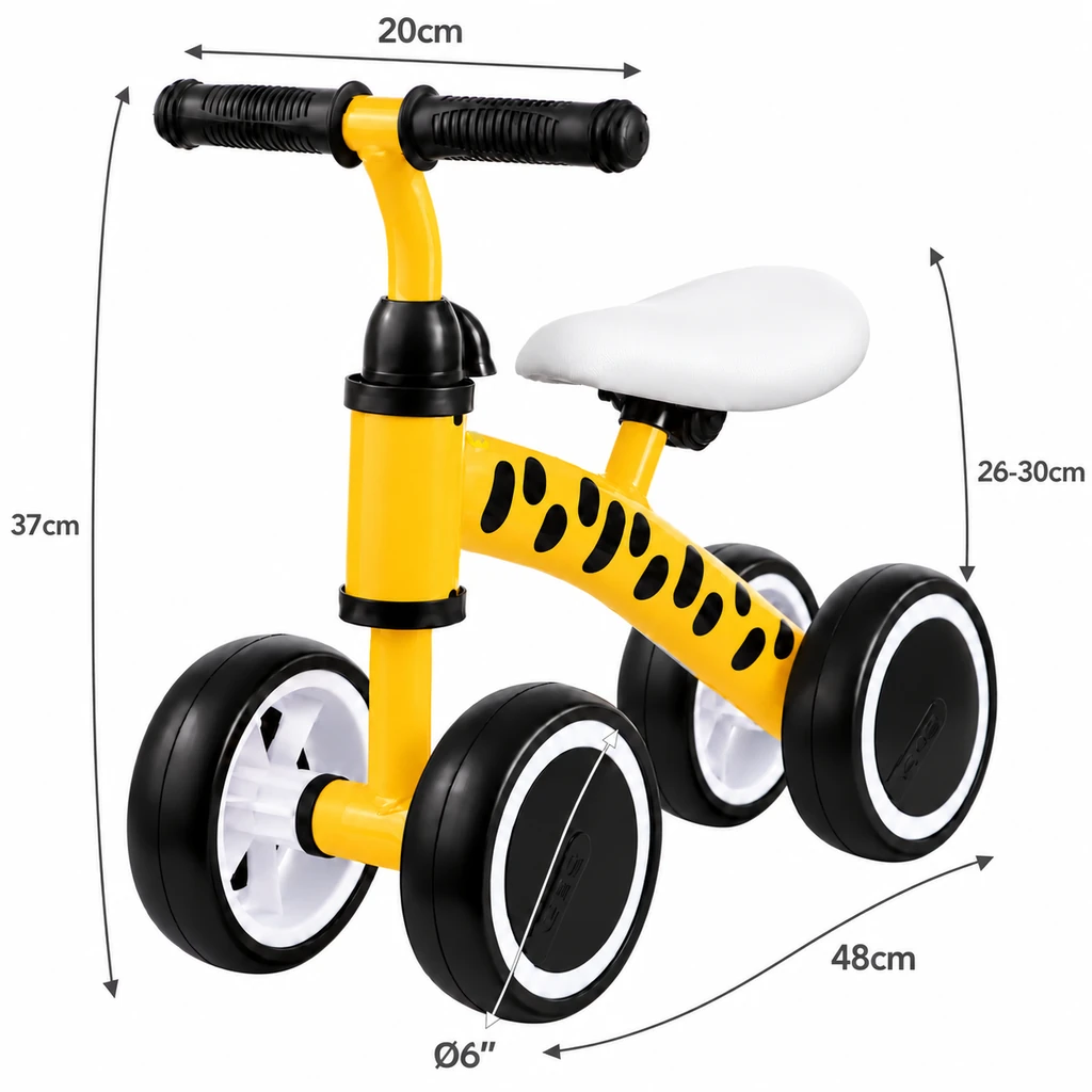 Pierwszy rowerek biegowy – Zebra, żółty — wymiary: długość 48 cm, wysokość 37 cm, siodełko 26–30 cm, kierownica 20 cm, koła 6″