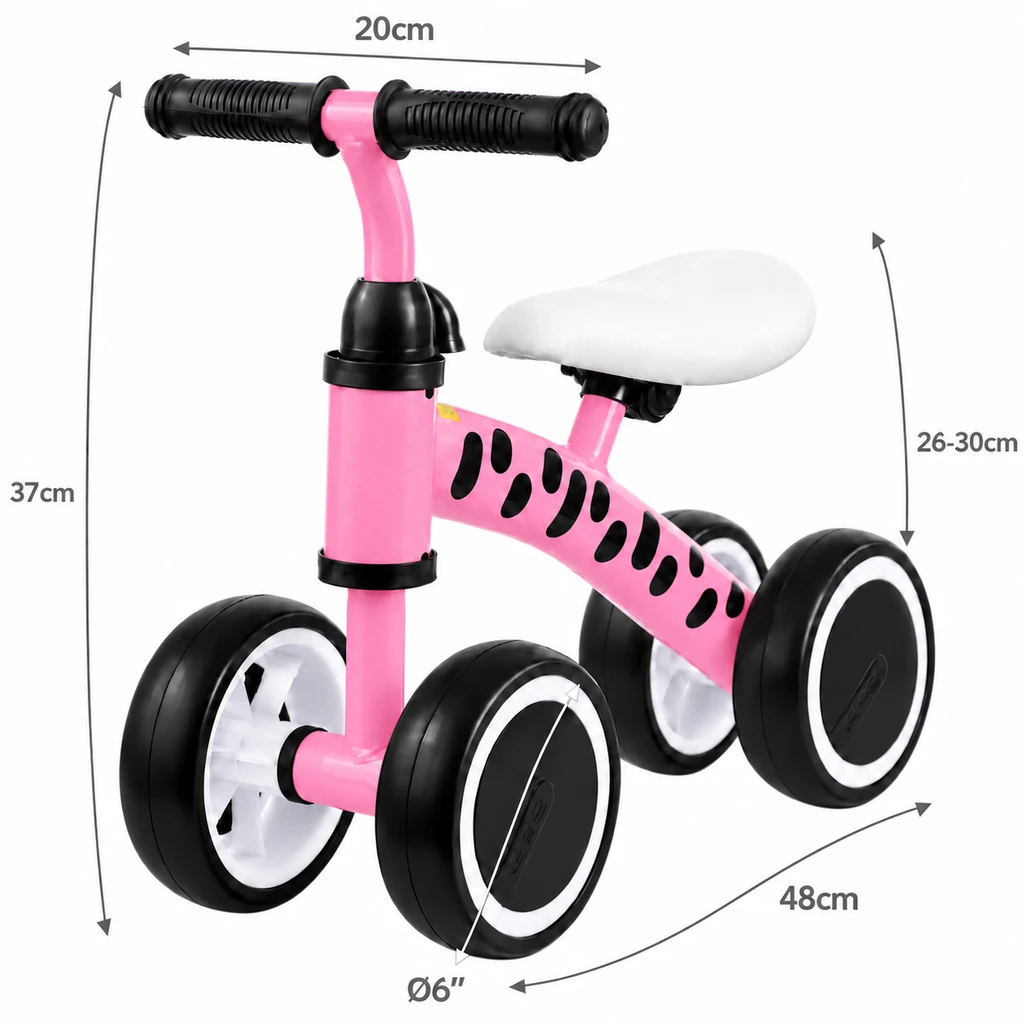 Pierwszy rowerek dla dziewczynki – Zebra, różowy — wymiary: długość 48 cm, wysokość 37 cm, siodełko 26–30 cm, kierownica 20 cm, koła 6″