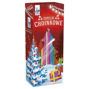 Lizaki świąteczne Sopelki choinkowe — kolorowe lizaki w kształcie sopli w pudełku z okienkiem (wersja czerwona)