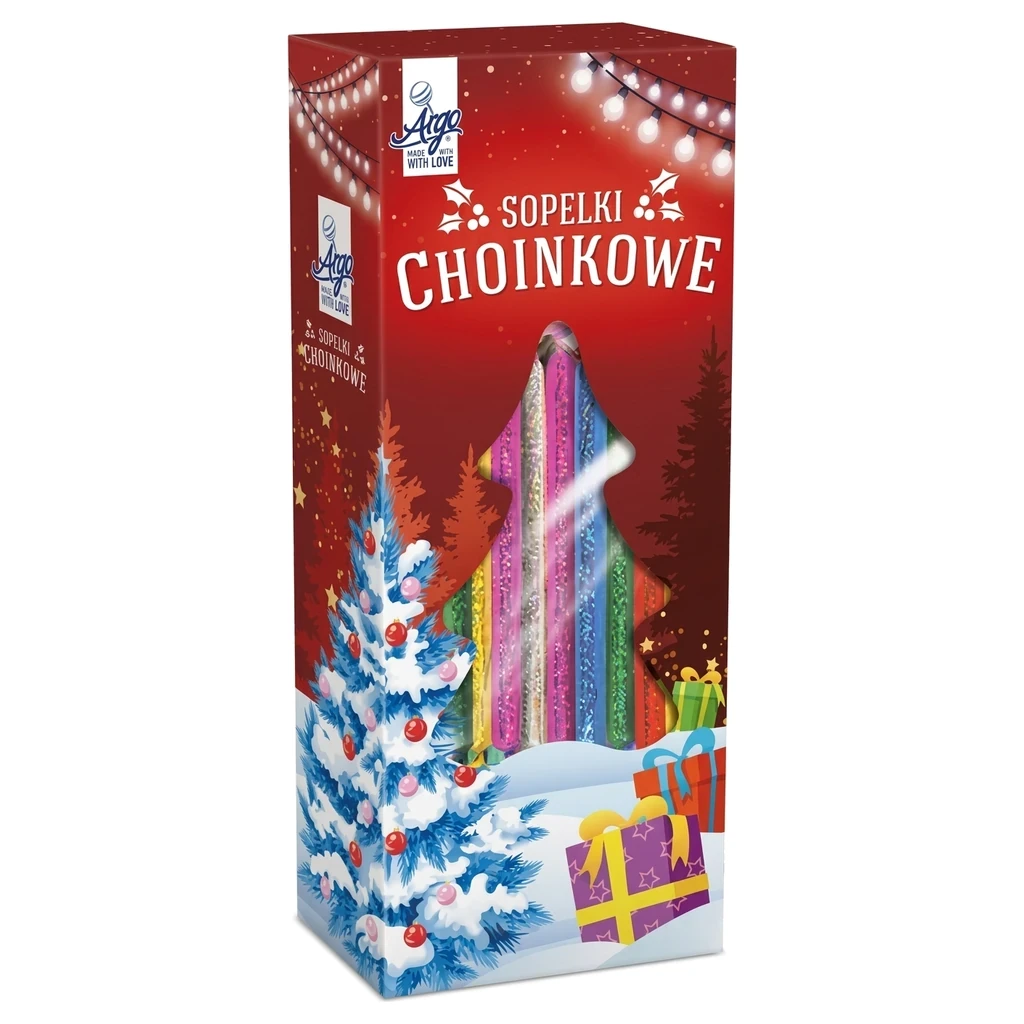 Lizaki świąteczne Sopelki choinkowe — kolorowe lizaki w kształcie sopli w pudełku z okienkiem (wersja czerwona)