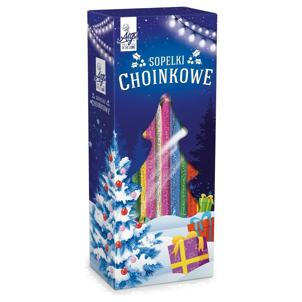 Lizaki świąteczne Sopelki choinkowe — kolorowe lizaki w kształcie sopli w pudełku z okienkiem (wersja niebieska)
