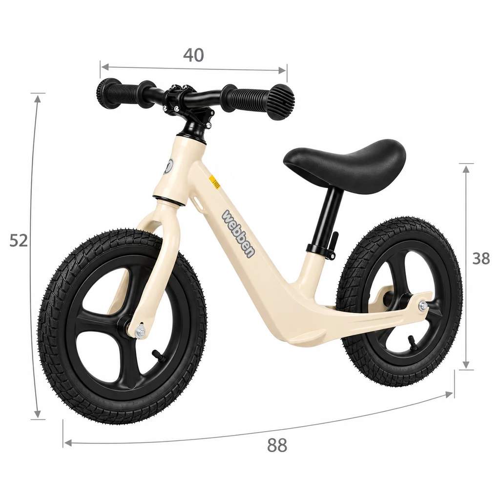 Rowerek biegowy z ramą z magnezu – Evoke, beżowy – wymiary rowerka